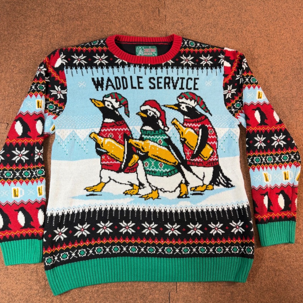 Ugly Christmas Sweater Waddle Service Penguin Mens XXL Beer Holiday Fair Isle